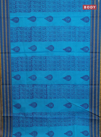 Chettinad cotton saree teal blue and mustard yellow with allover prints and thread woven border