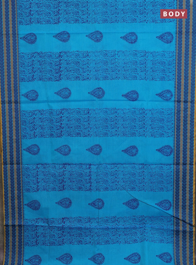 Chettinad cotton saree teal blue and mustard yellow with allover prints and thread woven border