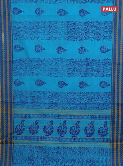 Chettinad cotton saree teal blue and mustard yellow with allover prints and thread woven border