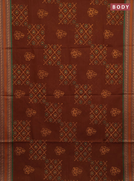 Chettinad cotton saree dark mustard and coffee brown with allover prints and thread woven border