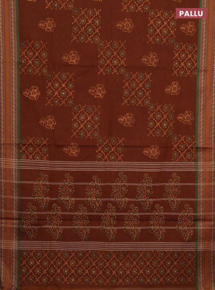 Chettinad cotton saree dark mustard and coffee brown with allover prints and thread woven border