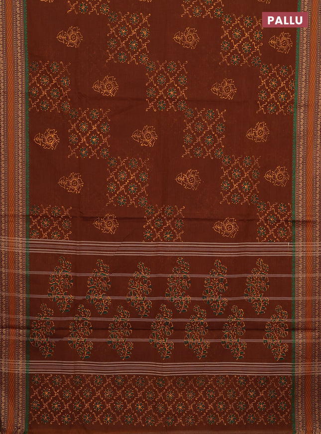 Chettinad cotton saree dark mustard and coffee brown with allover prints and thread woven border
