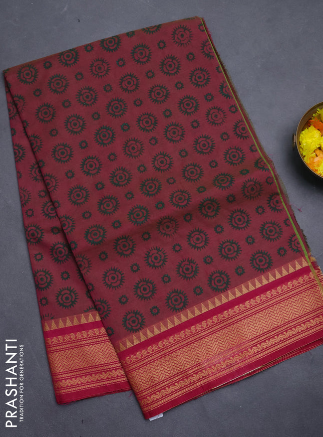 Chettinad cotton saree dual shade of pinkish green and dark pink with allover butta prints and thread woven border