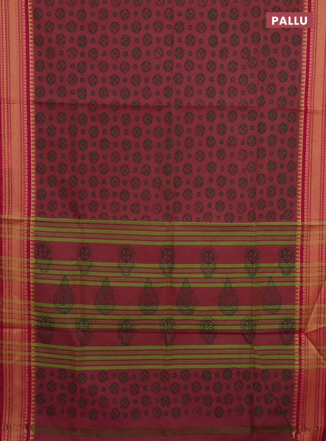 Chettinad cotton saree dual shade of pinkish green and dark pink with allover butta prints and thread woven border