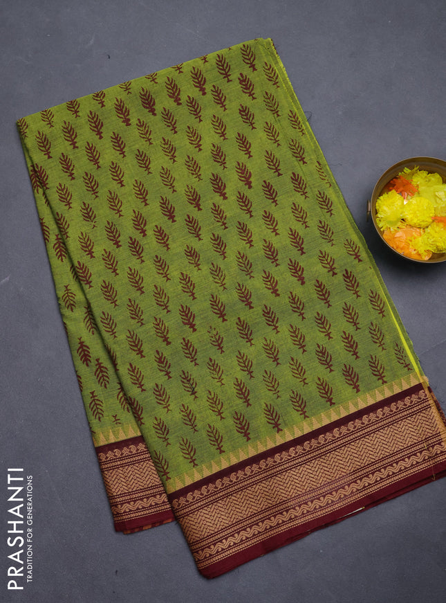 Chettinad cotton saree light green and maroon with allover butta prints and thread woven border