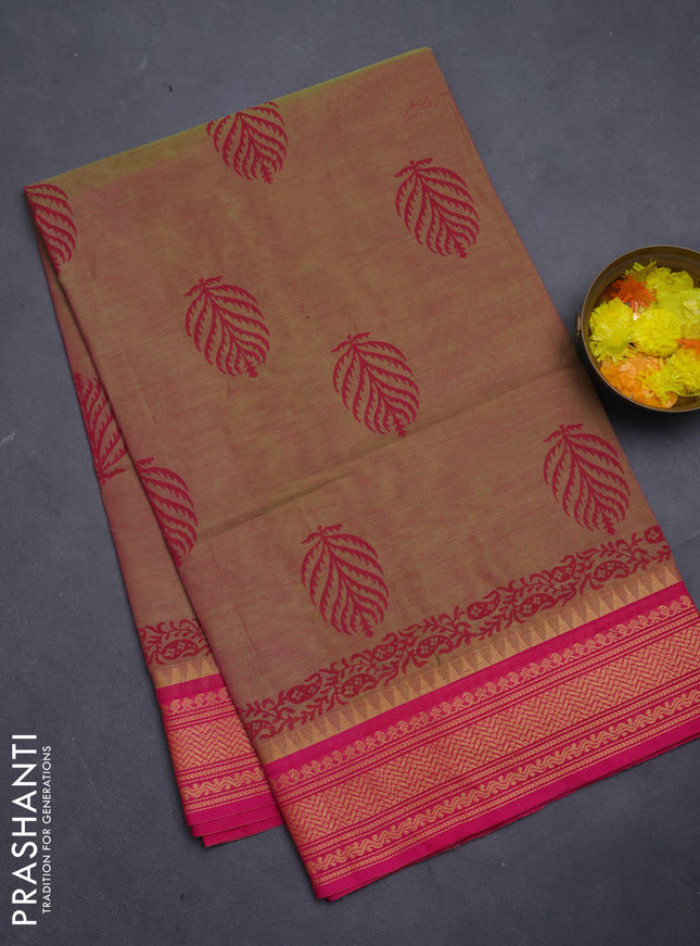 Chettinad cotton saree dual shade of light green and pink with butta prints and thread woven border