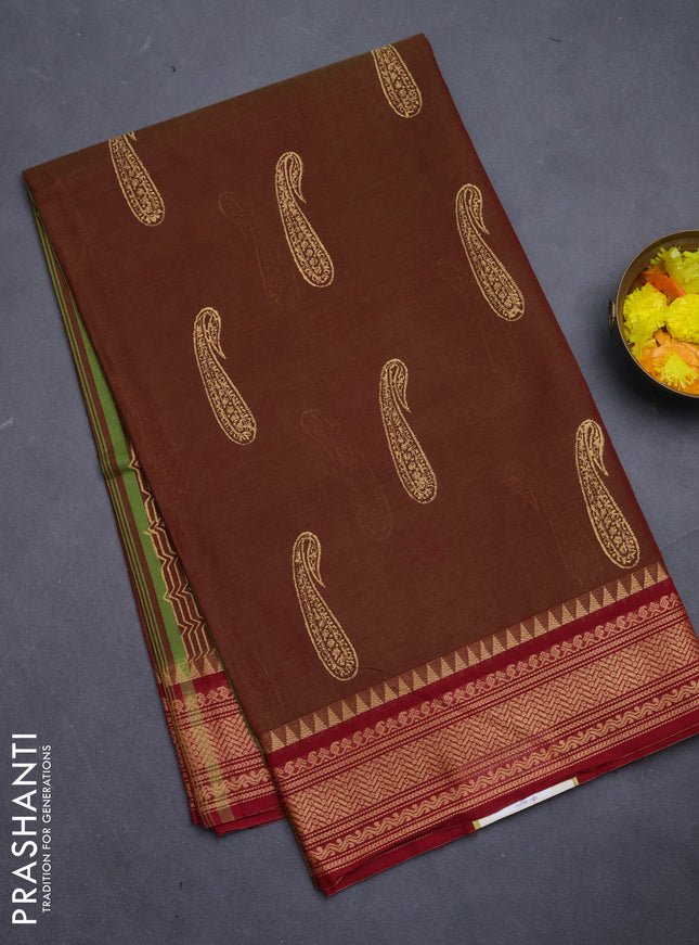 Chettinad cotton saree manthulir green and maroon with paisley butta prints and thread woven border