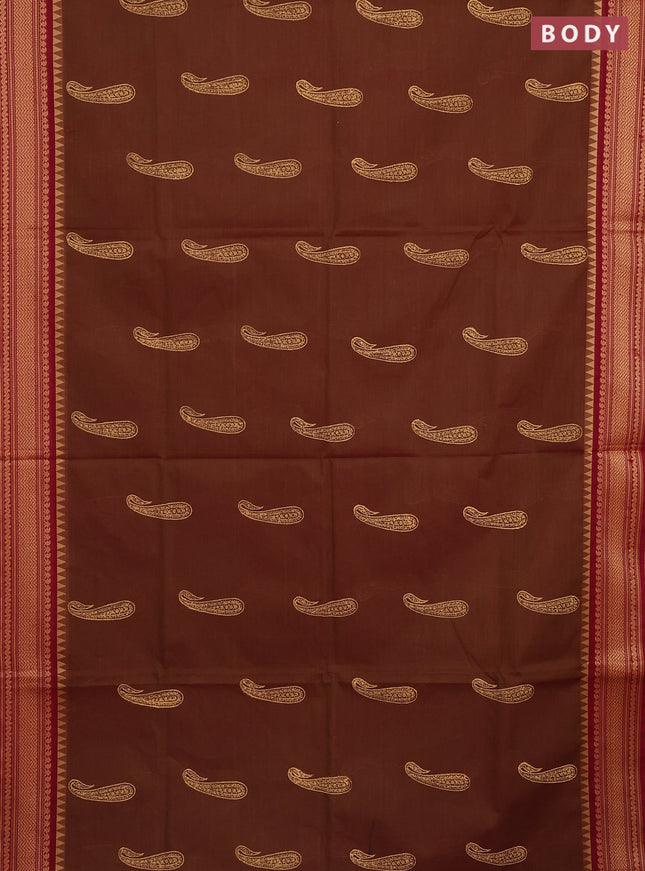 Chettinad cotton saree manthulir green and maroon with paisley butta prints and thread woven border