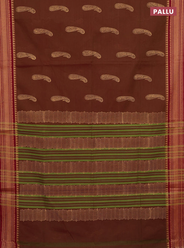 Chettinad cotton saree manthulir green and maroon with paisley butta prints and thread woven border