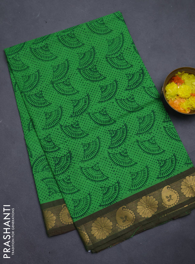 Chettinad cotton saree green and dual shade of greenish maroon with allover prints and zari woven border