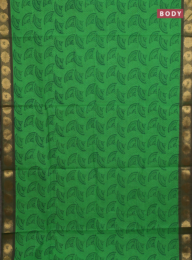 Chettinad cotton saree green and dual shade of greenish maroon with allover prints and zari woven border