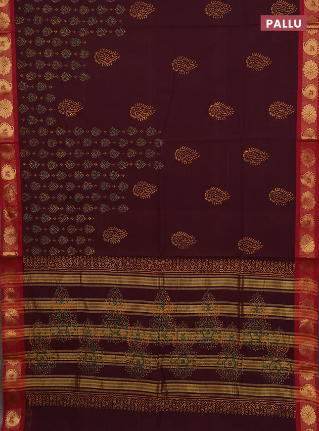 Chettinad cotton saree deep maroon and maroon with butta prints and zari woven border