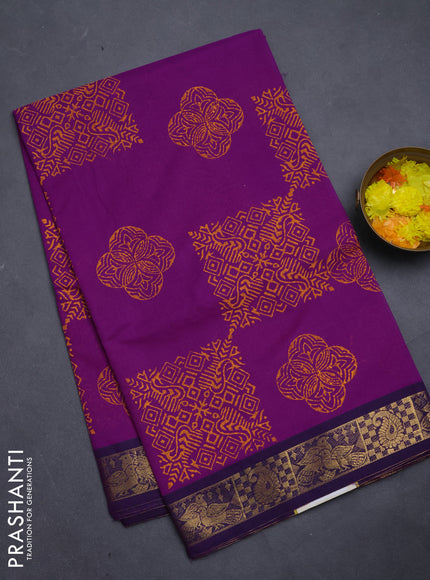 Chettinad cotton saree purple and deep purple with allover prints and zari woven border