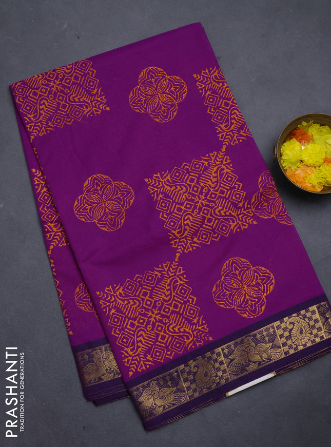 Chettinad cotton saree purple and deep purple with allover prints and zari woven border