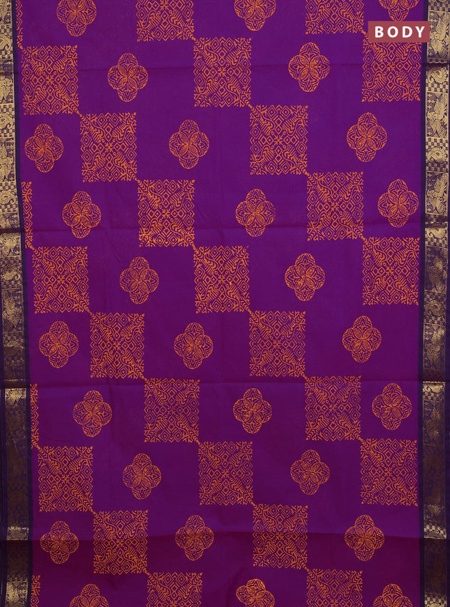 Chettinad cotton saree purple and deep purple with allover prints and zari woven border