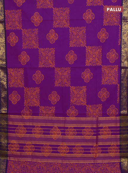Chettinad cotton saree purple and deep purple with allover prints and zari woven border