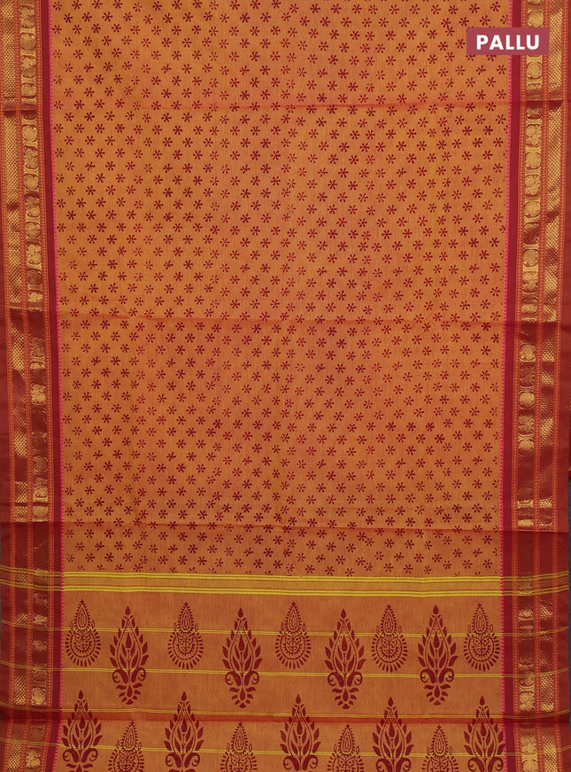 Chettinad cotton saree orange and rust shade with allover butta prints and zari woven border