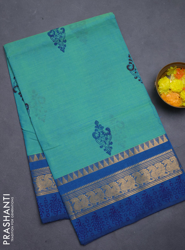 Chettinad cotton saree teal green and teal blue with butta prints and zari woven border