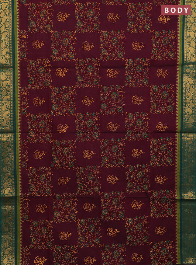 Chettinad cotton saree deep wine and green with allover prints and zari woven border