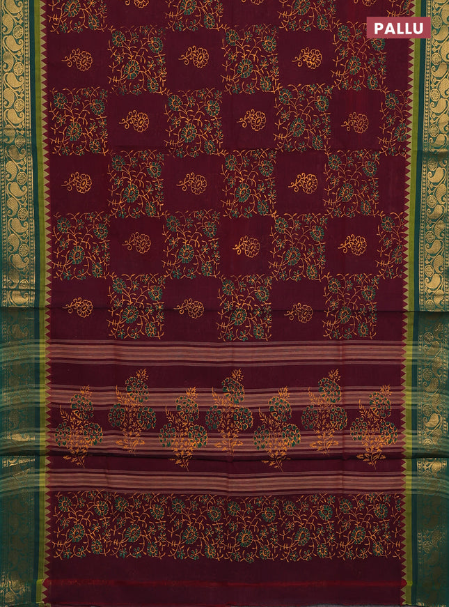 Chettinad cotton saree deep wine and green with allover prints and zari woven border