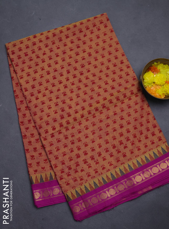 Chettinad cotton saree dual shade of mustard yellow and purple with allover prints and thread & zari woven border