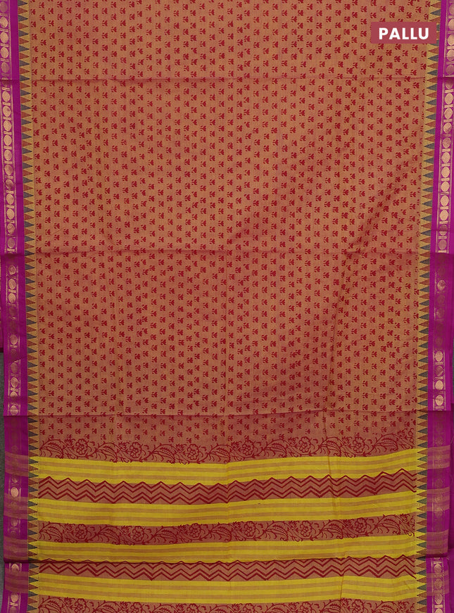 Chettinad cotton saree dual shade of mustard yellow and purple with allover prints and thread & zari woven border