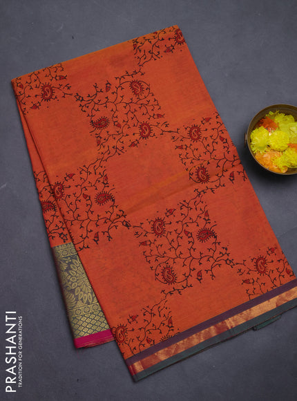 Chettinad cotton saree rust shade and pink with allover prints and long annam zari woven border