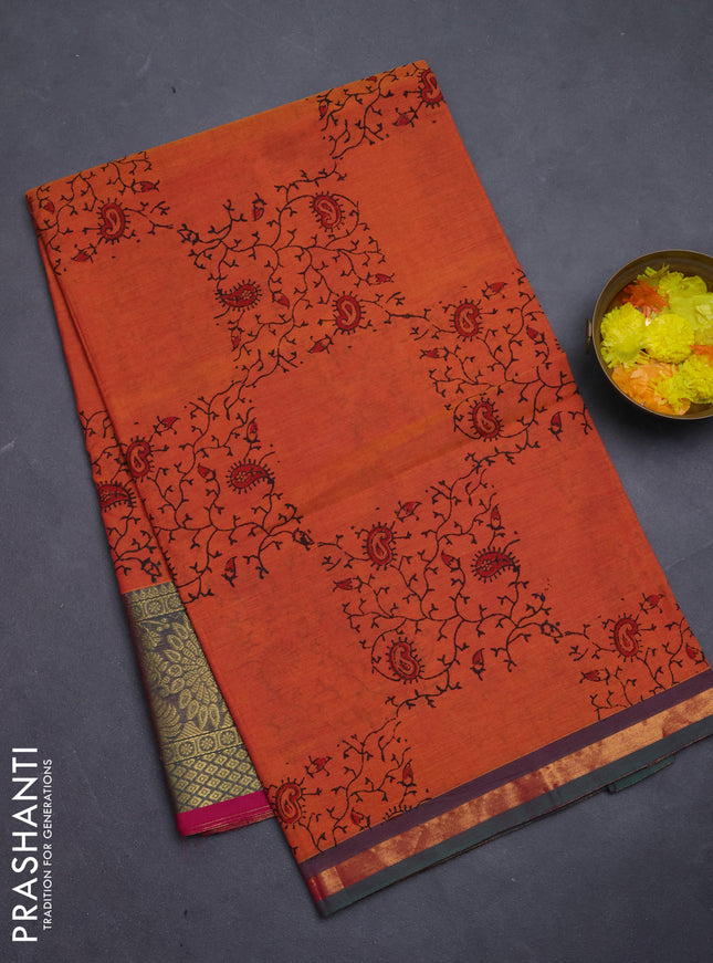 Chettinad cotton saree rust shade and pink with allover prints and long annam zari woven border