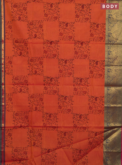Chettinad cotton saree rust shade and pink with allover prints and long annam zari woven border