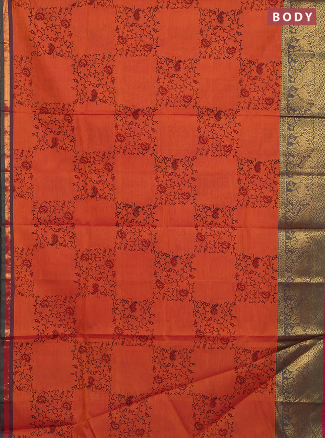 Chettinad cotton saree rust shade and pink with allover prints and long annam zari woven border
