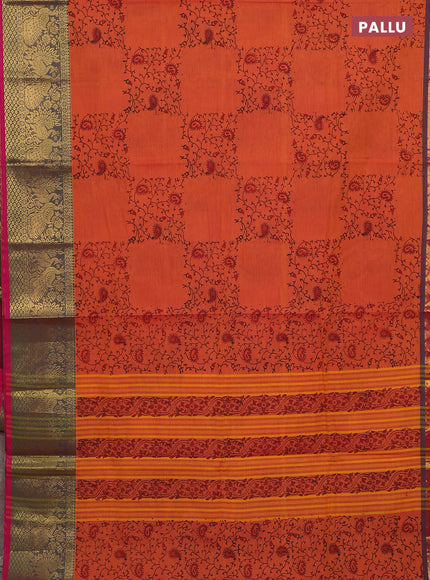 Chettinad cotton saree rust shade and pink with allover prints and long annam zari woven border