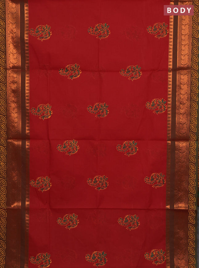Chettinad cotton saree rustic orange and green with butta prints and copper annam zari woven border