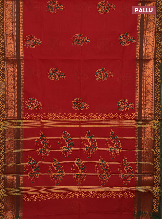 Chettinad cotton saree rustic orange and green with butta prints and copper annam zari woven border
