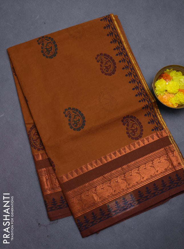 Chettinad cotton saree dark mustard and brown with paisley butta prints and copper annam zari woven border