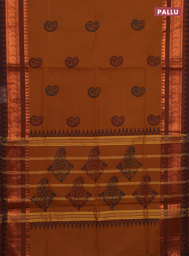 Chettinad cotton saree dark mustard and brown with paisley butta prints and copper annam zari woven border