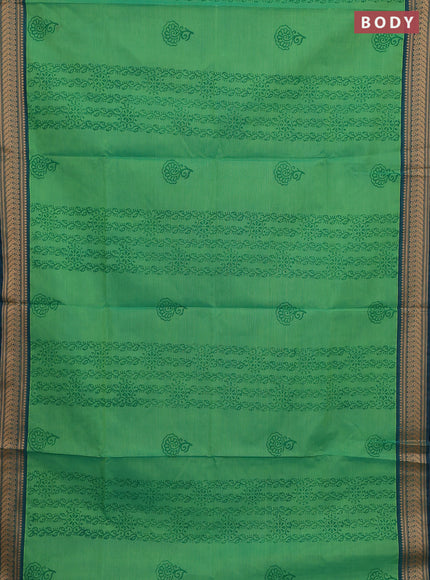 Chettinad cotton saree green and teal green with allover prints and temple thread woven border