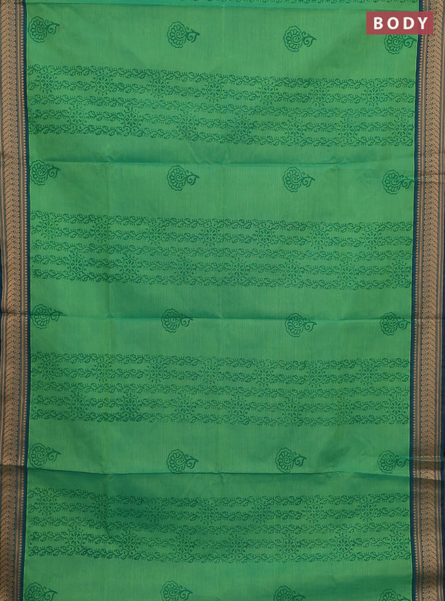 Chettinad cotton saree green and teal green with allover prints and temple thread woven border