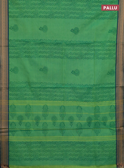 Chettinad cotton saree green and teal green with allover prints and temple thread woven border