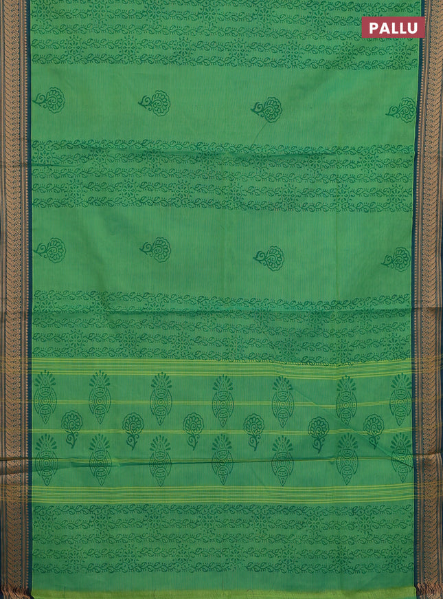 Chettinad cotton saree green and teal green with allover prints and temple thread woven border
