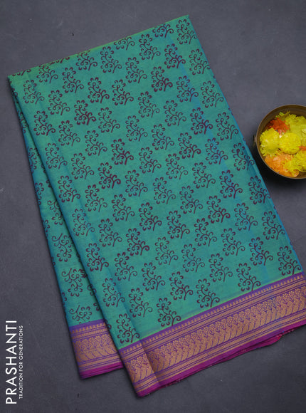 Chettinad cotton saree dual shade of teal green and purple with allover prints and thread woven border