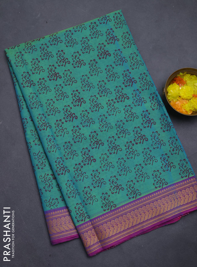 Chettinad cotton saree dual shade of teal green and purple with allover prints and thread woven border