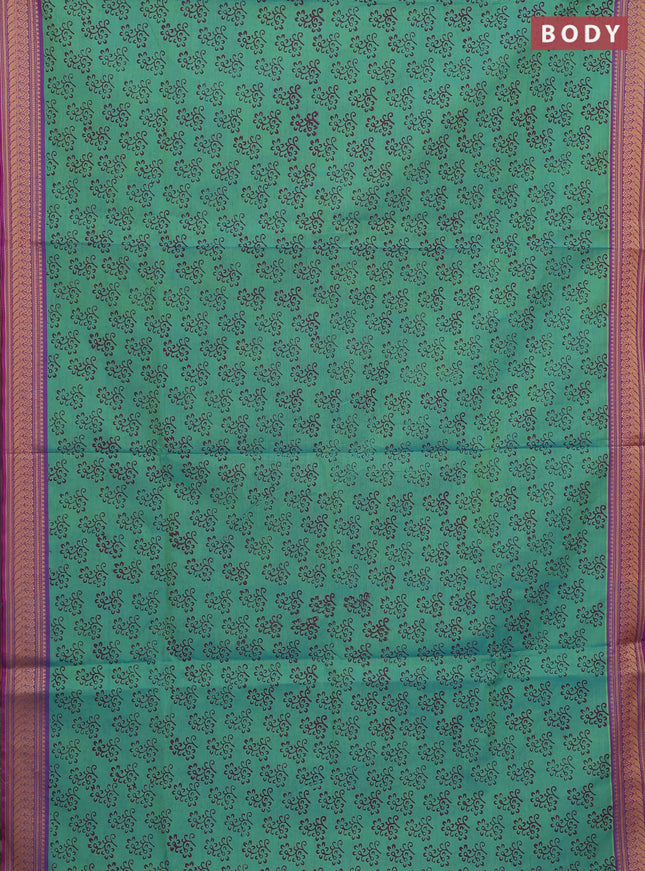 Chettinad cotton saree dual shade of teal green and purple with allover prints and thread woven border