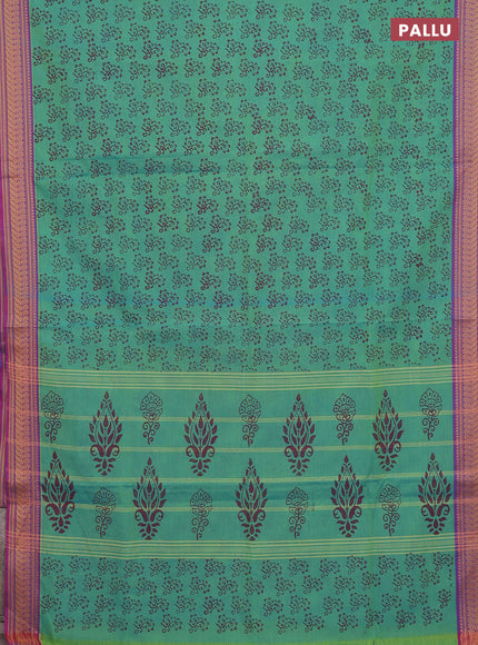 Chettinad cotton saree dual shade of teal green and purple with allover prints and thread woven border