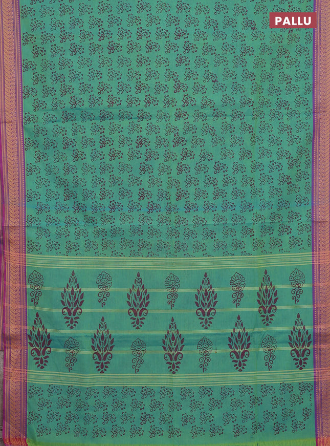 Chettinad cotton saree dual shade of teal green and purple with allover prints and thread woven border