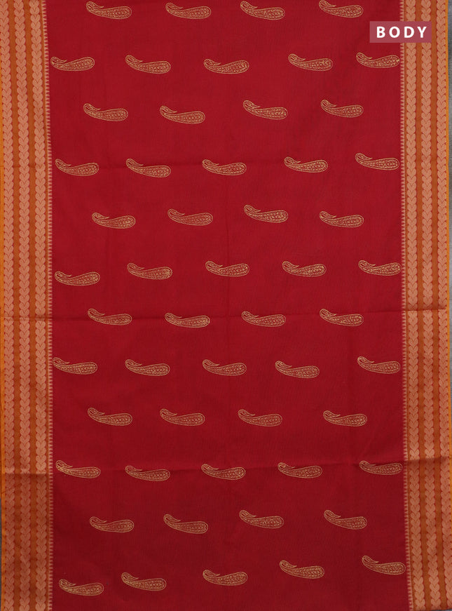 Chettinad cotton saree maroon and mustard yellow with paisley butta prints and thread woven border