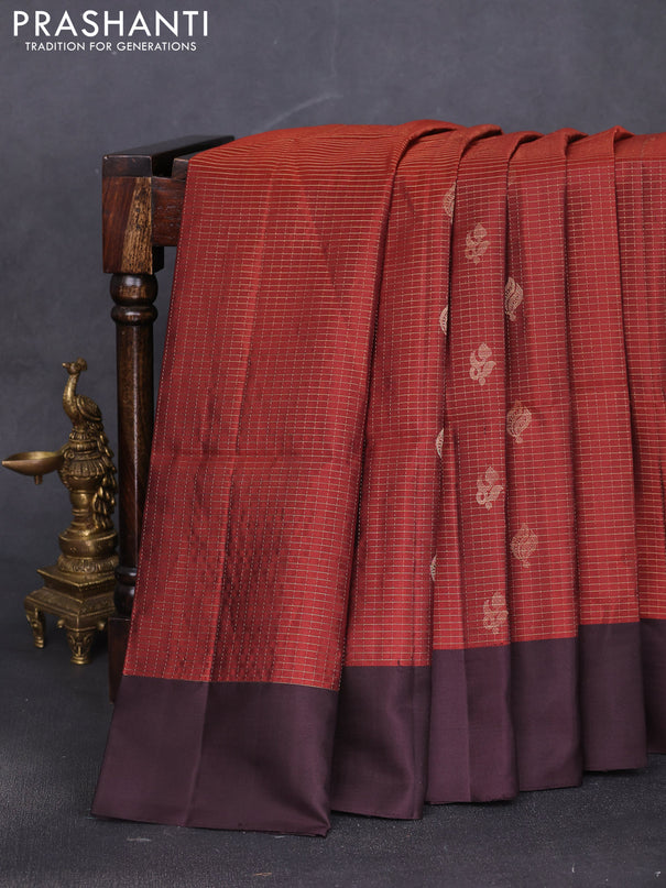 Pure soft silk saree rust shade and coffee brown with allover zari checks & buttas and simple border