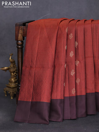 Pure soft silk saree rust shade and coffee brown with allover zari checks & buttas and simple border