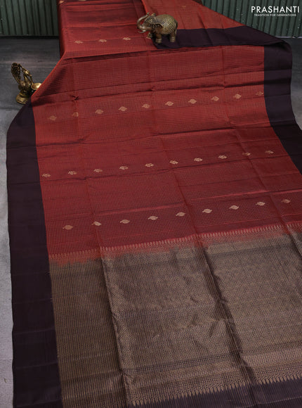Pure soft silk saree rust shade and coffee brown with allover zari checks & buttas and simple border