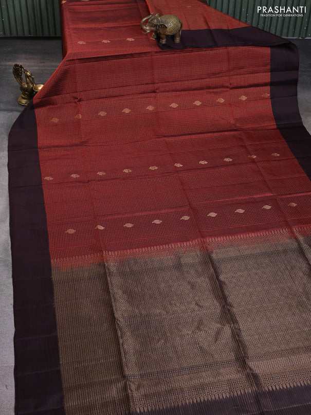 Pure soft silk saree rust shade and coffee brown with allover zari checks & buttas and simple border