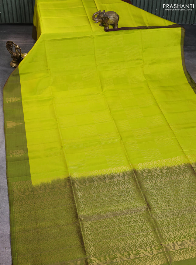 Pure soft silk saree lime green and sap green with box type zari woven buttas and temple zari woven butta border